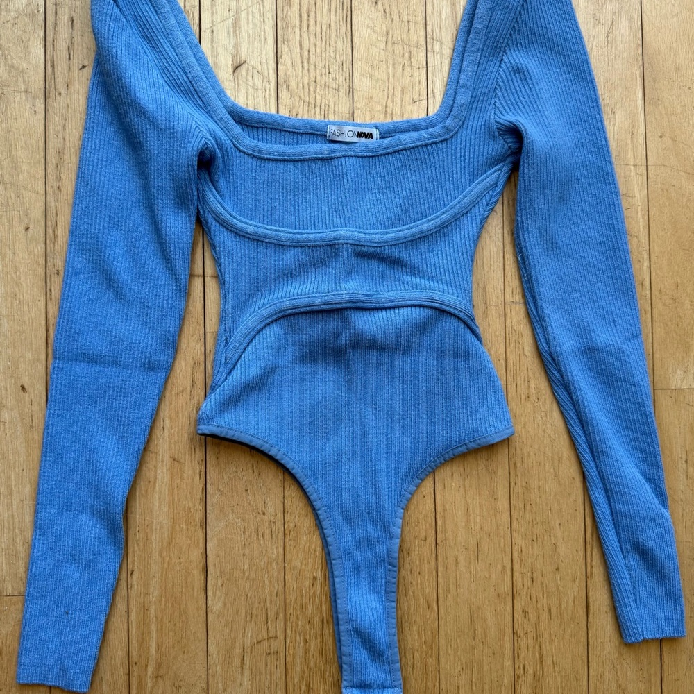 Chic Blue Ribbed Bodysuit